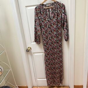 Tucker Silk Floral Long Sleeve Maxi Dress S Small black pink blue button down